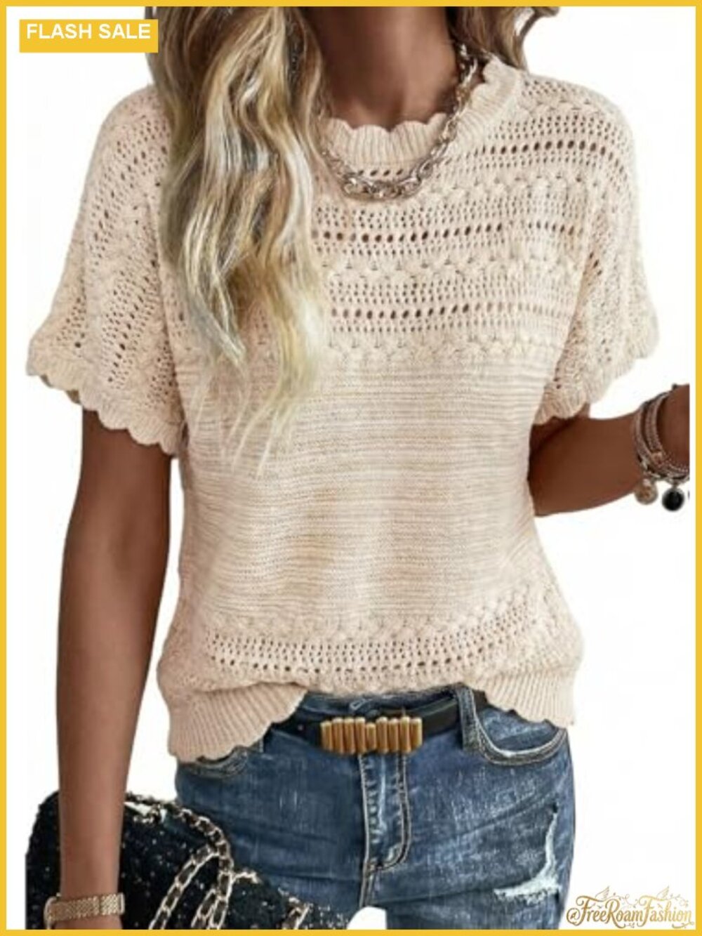 Womens Short Sleeve Knit Sweater Crochet Loose Fit Pullover Top